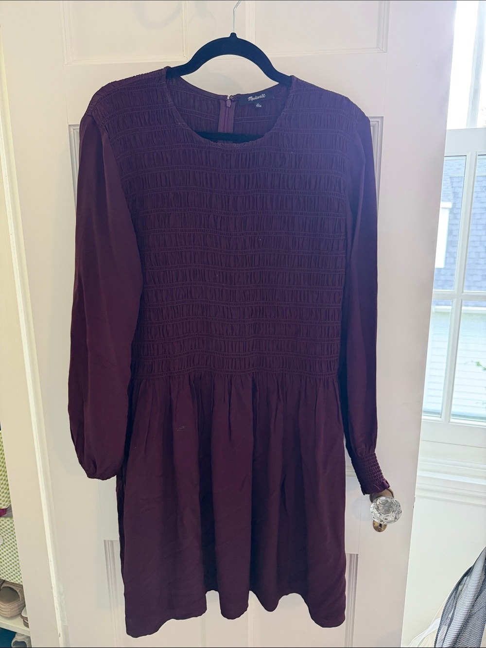 Madewell Long-Sleeve Smocked Mini Dress in Dark Pomegranate